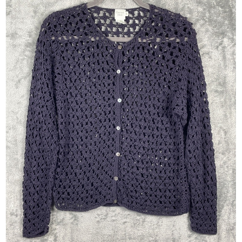 Garnet Hill Linen Cotton Beaded Open Knit Cardigan Small Blue Gray Quiet Luxury